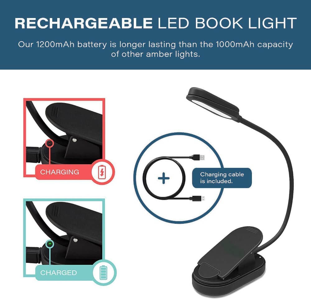 Book Light for Reading in Bed, USB-C Rechargeable Book Light, Reading Light  with 16 LEDs, 5 Brightness and 3 Color Modes,1000 mAh Strong Battery Life